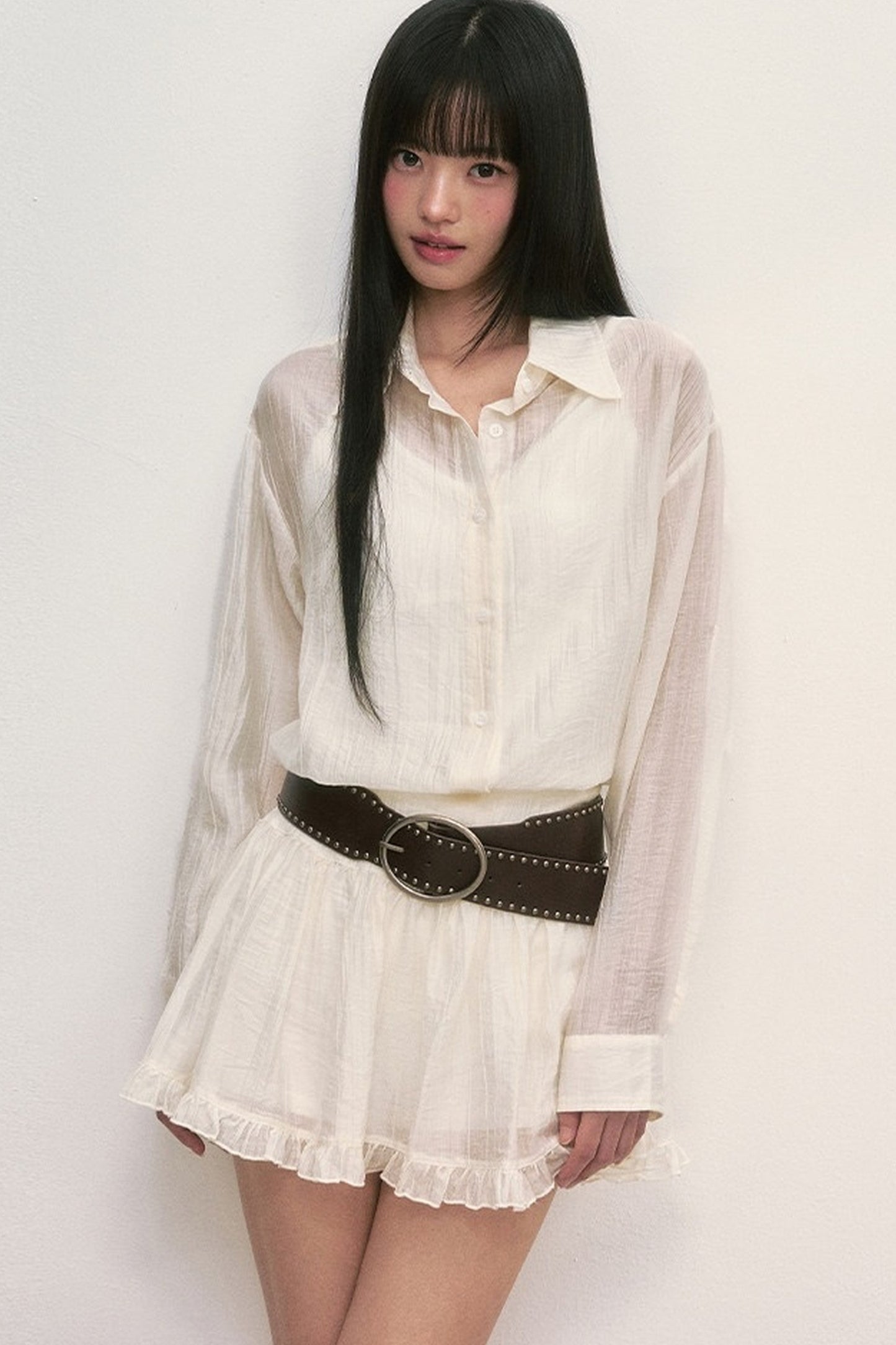 White Long-Sleeved Shirt And Skirt Set