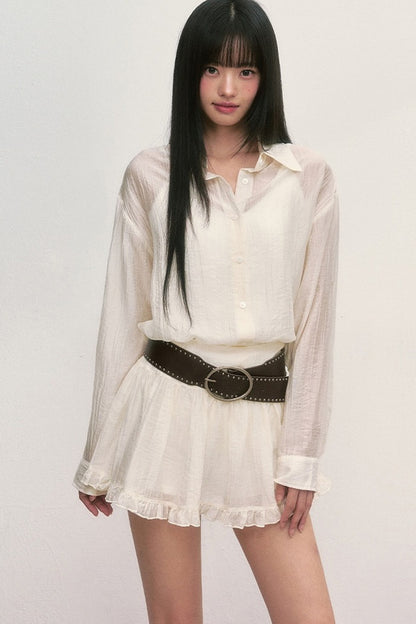 White Long-Sleeved Shirt And Skirt Set