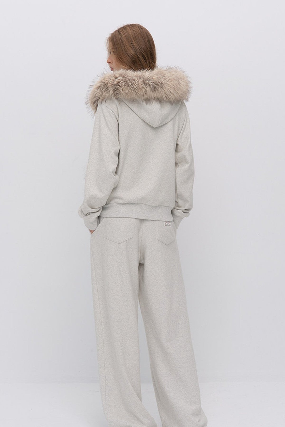 Fur Trim Hooded Sweatshirt and Sweatpants Set-Up