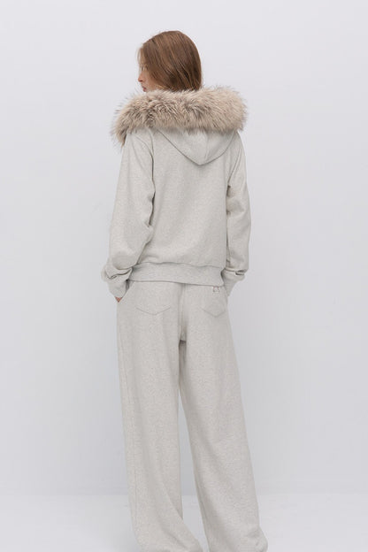 Fur Trim Hooded Sweatshirt and Sweatpants Set-Up