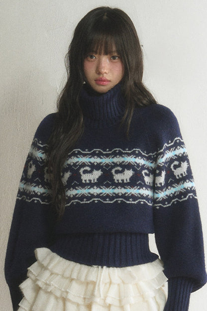 Fair Isle Cat Turtleneck Sweater