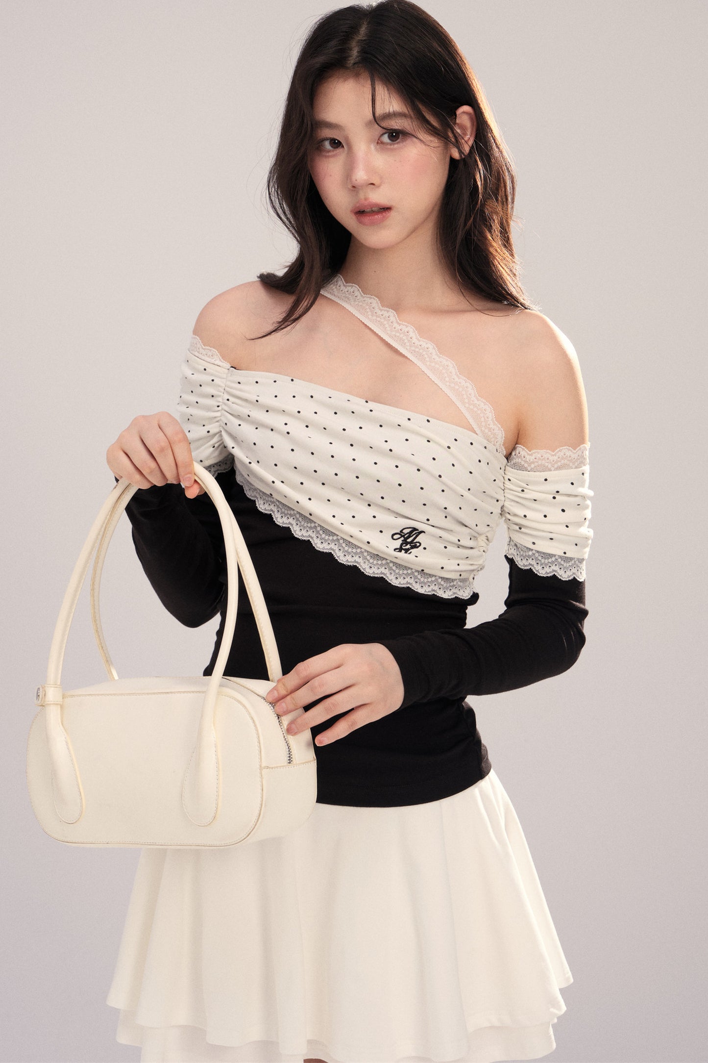 Polka Dot Spliced Lace Off-Shoulder T-Shirt