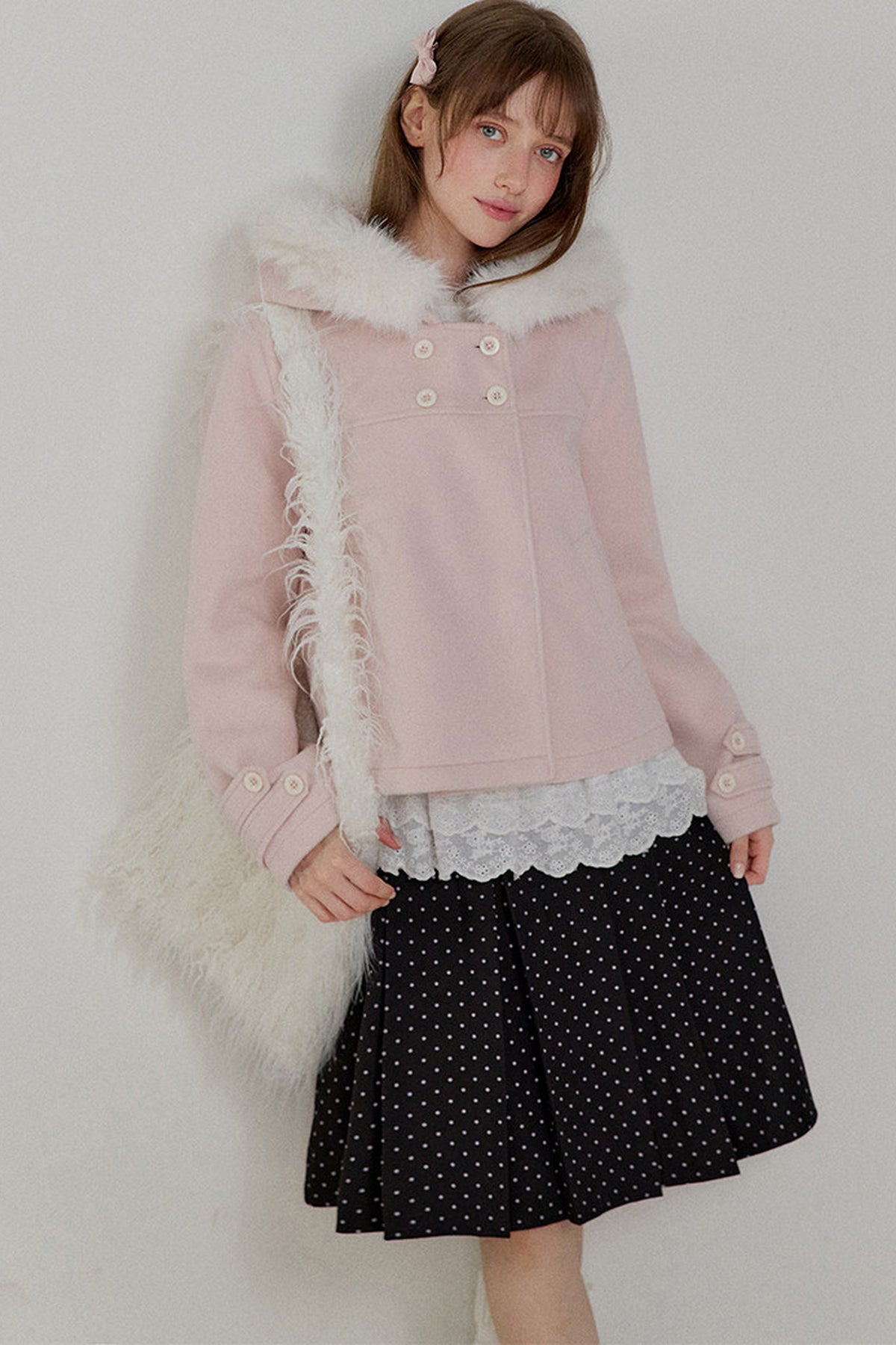 Lace Trim Fur Collar Hooded Coat