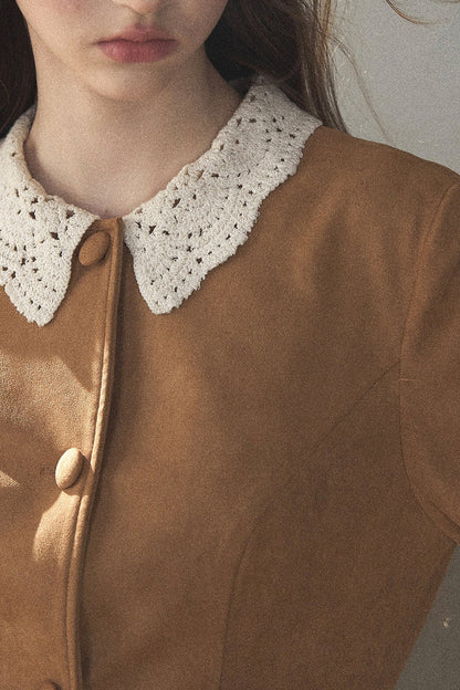 Faux Suede Lace Collar Short Dress