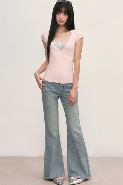 Rosa V-Ausschnitt-Top im Lagenlook und gestreiftes Camisole-Set