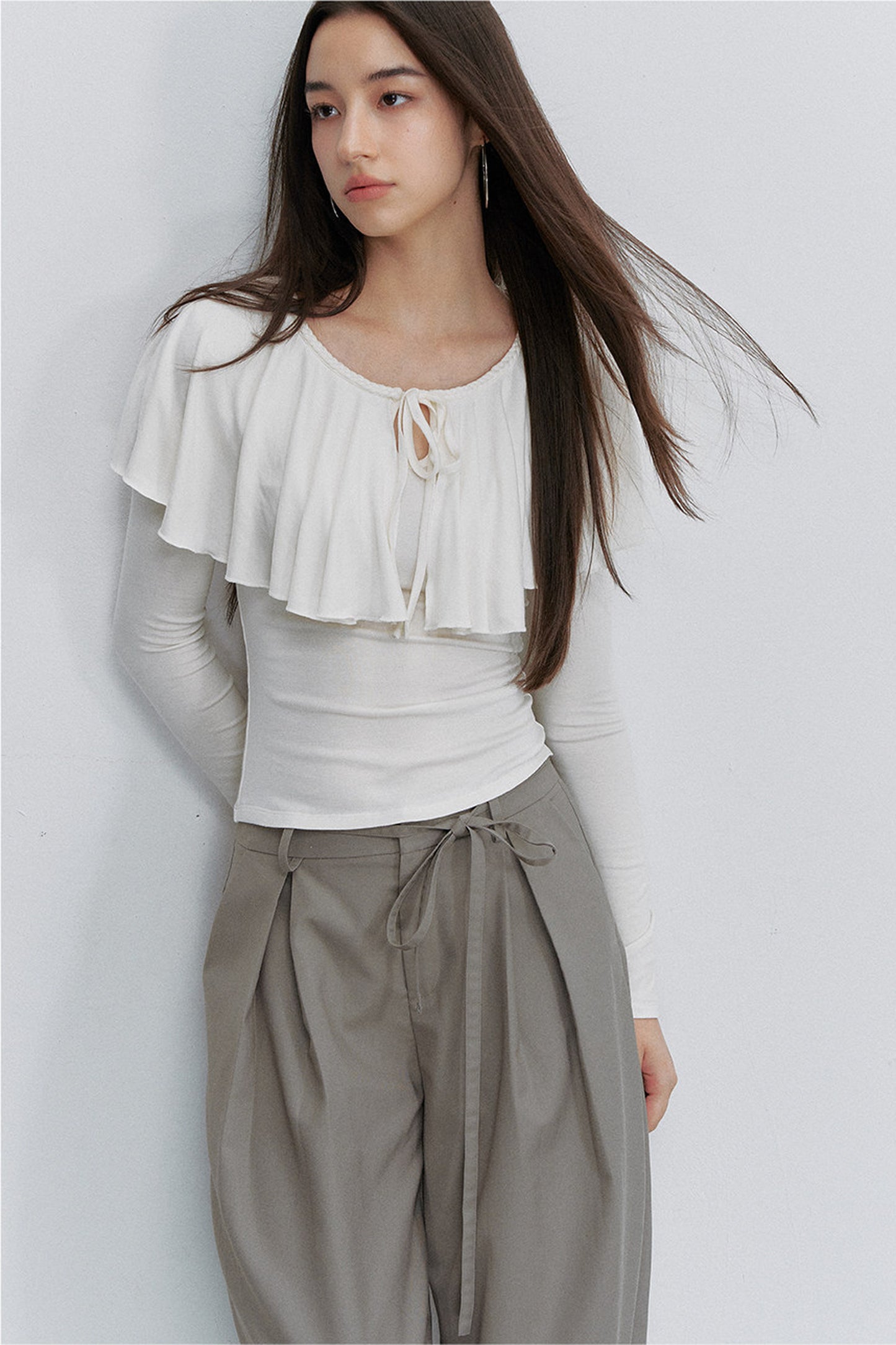 Tie-Front Ruffle Cape Long Sleeve Top