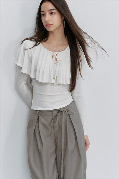 Tie-Front Ruffle Cape Long Sleeve Top