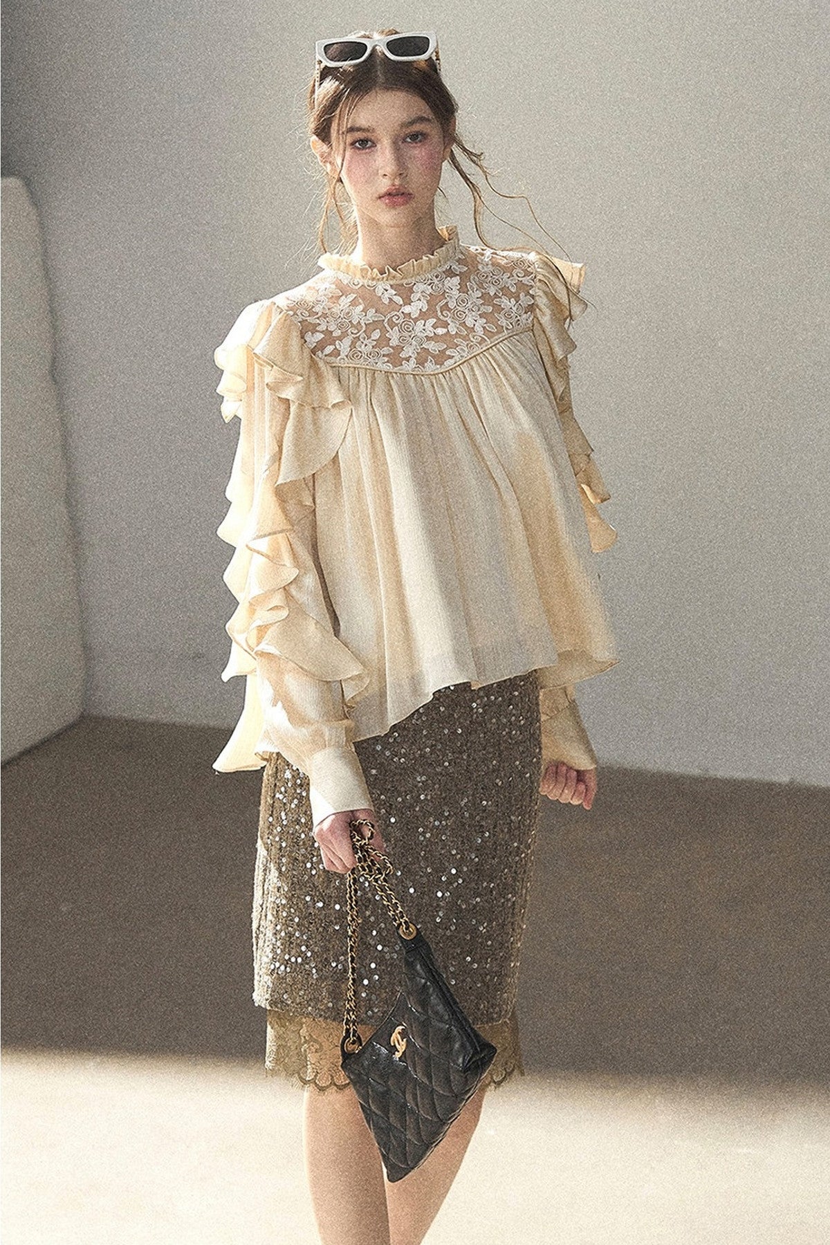 Ruffled Lace Patchwork Textured Chiffon Blouse