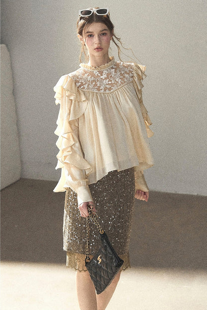 Ruffled Lace Patchwork Textured Chiffon Blouse