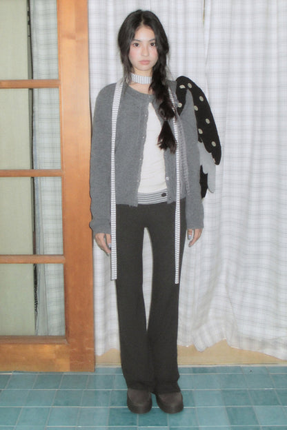 Gray Plaid Bow Knit Sweater and Pants Set-Up
