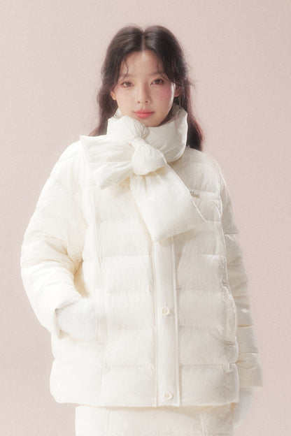 Bow-Knot Scarf Mid-Length Down Jacket