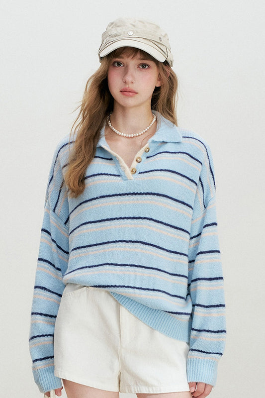 Striped Knit Pullover Polo Shirt