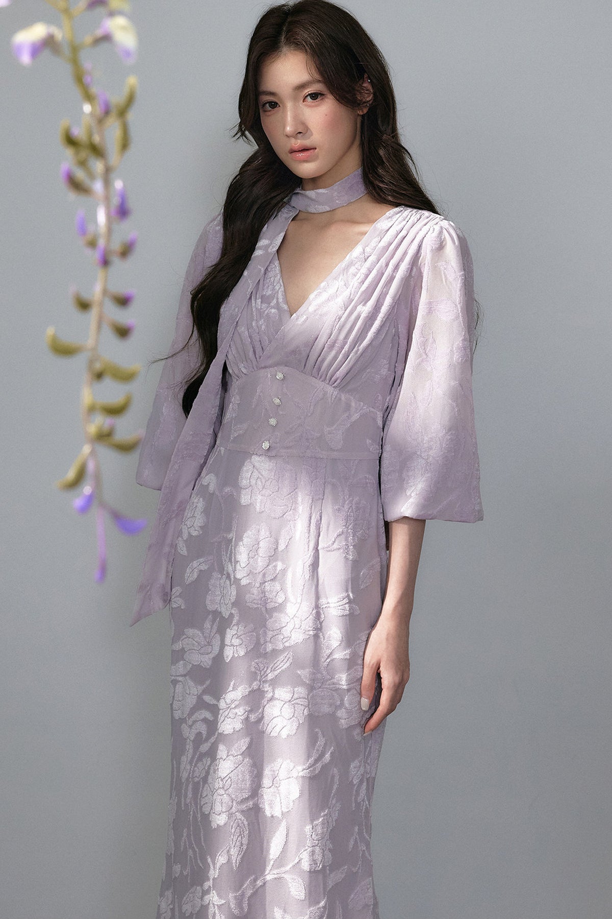 Robe rétro française en jacquard dentelle à col V