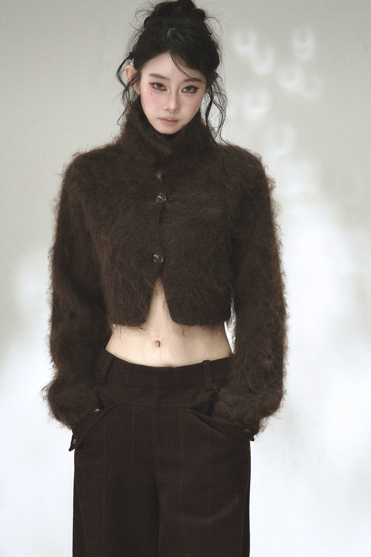 Long-Haired Turtleneck Knit Cardigan