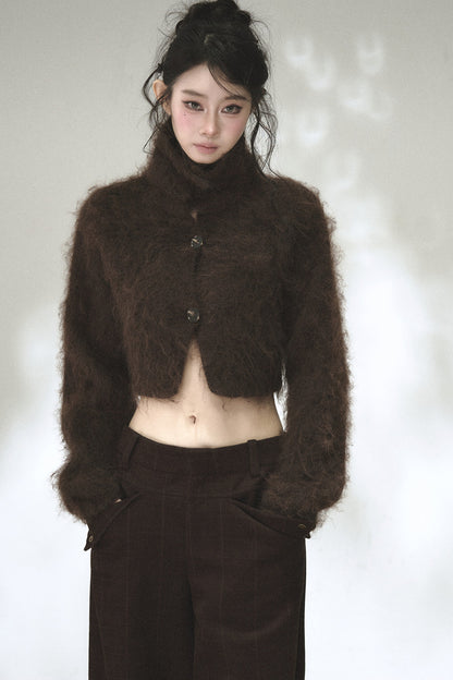 Long-Haired Turtleneck Knit Cardigan