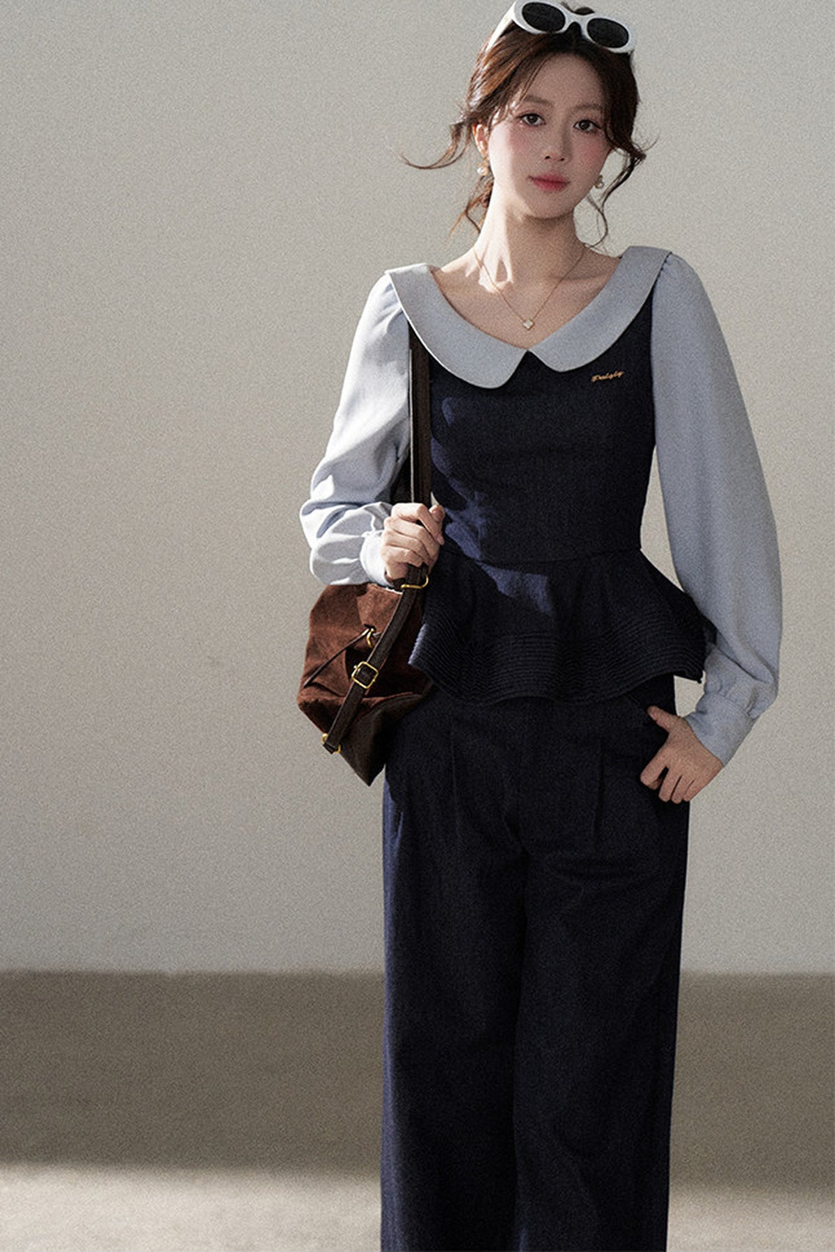 Doll Collar Shirt and Wide-Leg Pants Set-Up