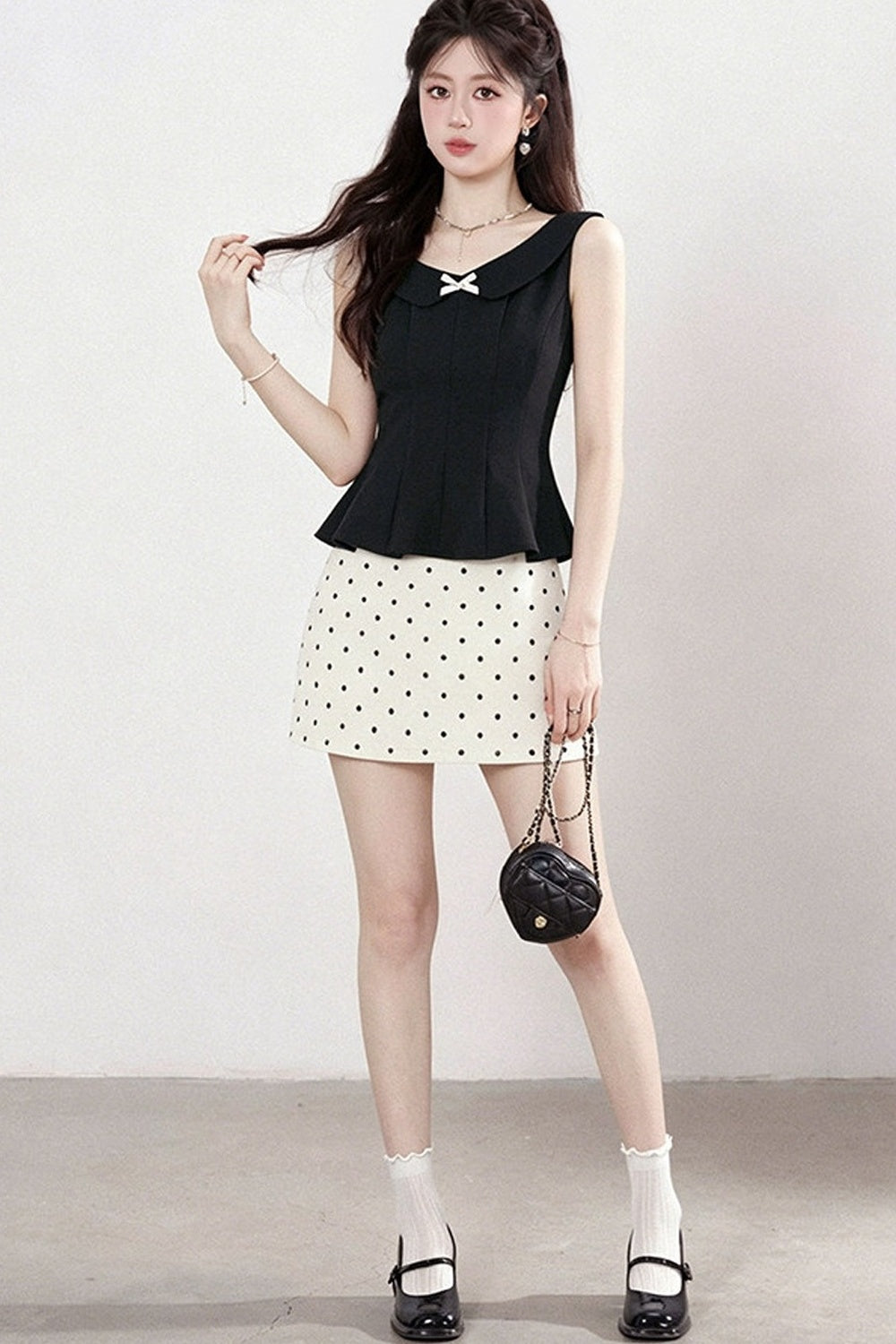 White Sleeveless Shirt and Polka Dot Skirt Set-Up