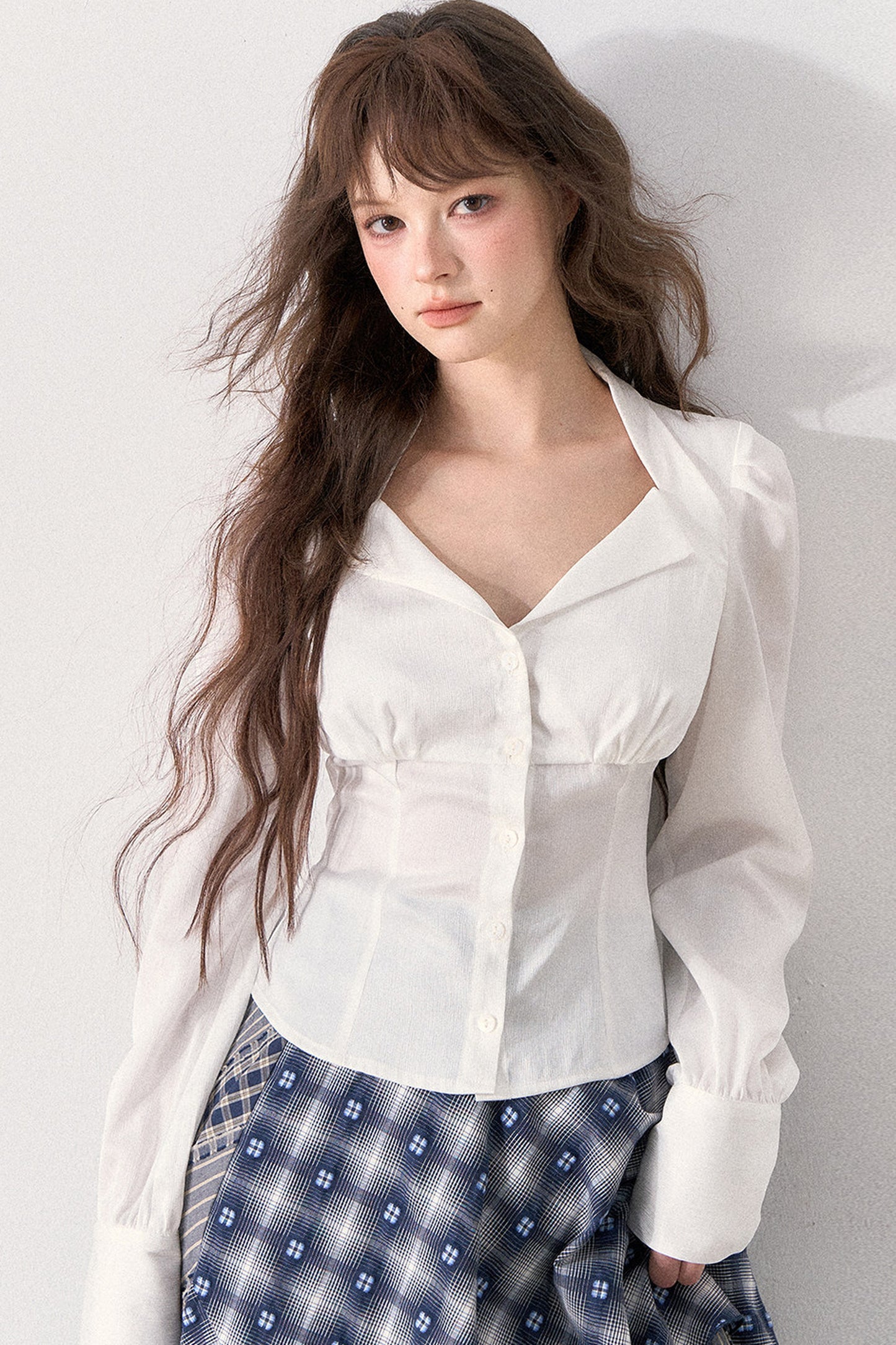 White Shirt and Denim Waistband Asymmetrical Plaid Skirt Set-Up