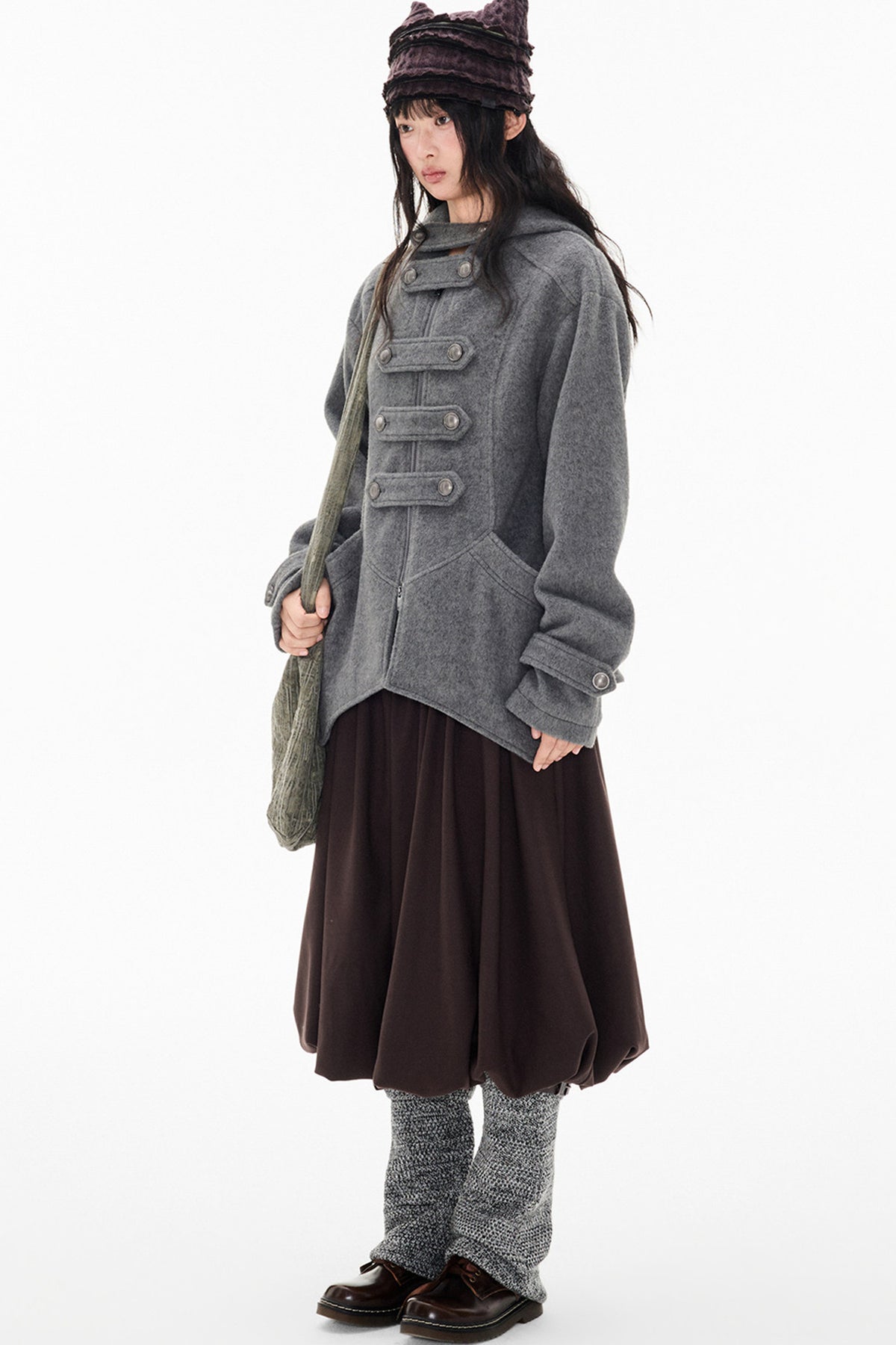 Woolen Hooded Irregular Hem Jacket