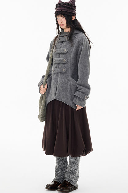 Woolen Hooded Irregular Hem Jacket