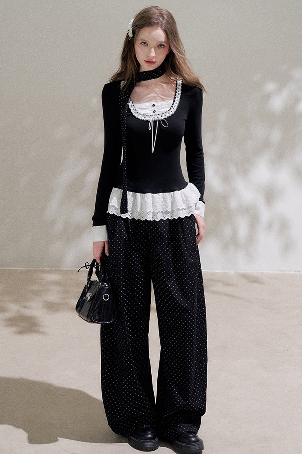 Black Layered-Look Long Sleeve Blouse