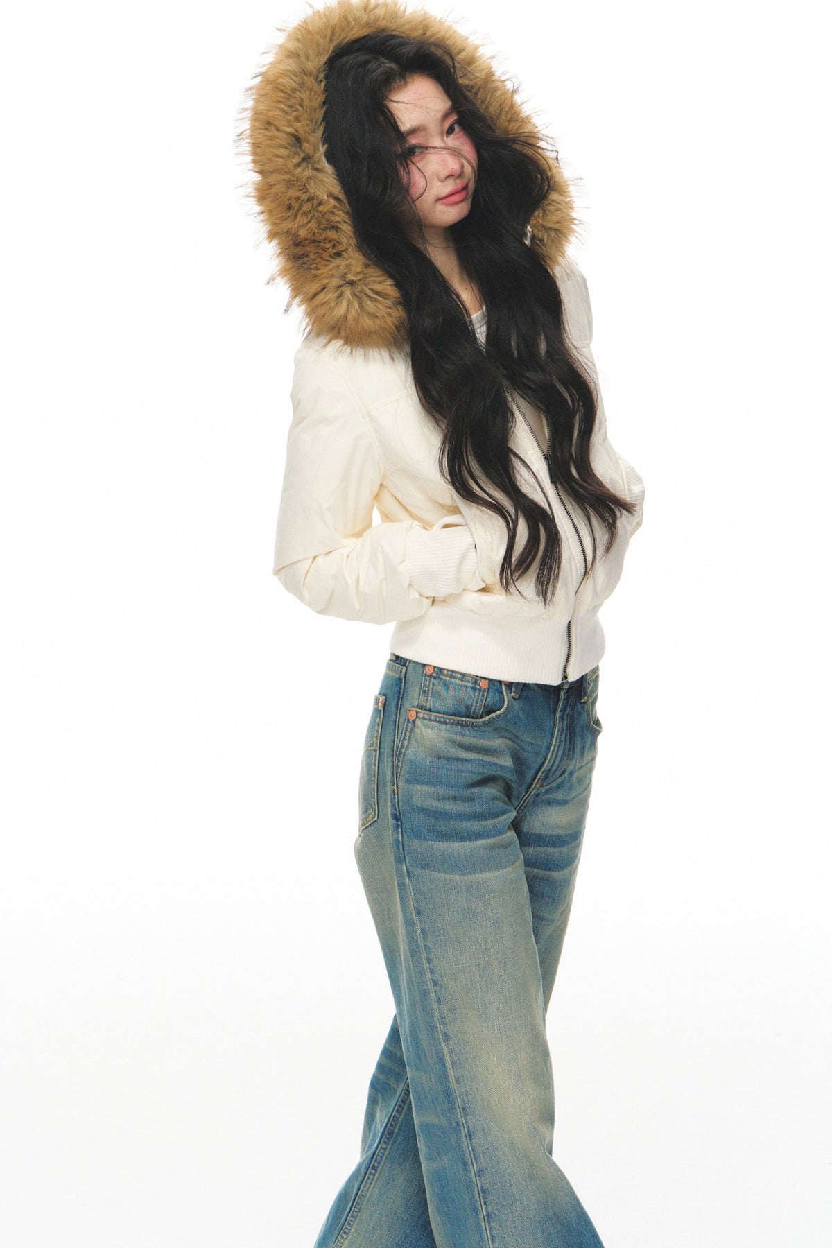 Lightweight Hooded Fur Collar Down Jacket and Pants Set-Up