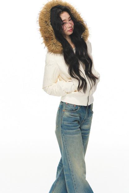Lightweight Hooded Fur Collar Down Jacket and Pants Set-Up