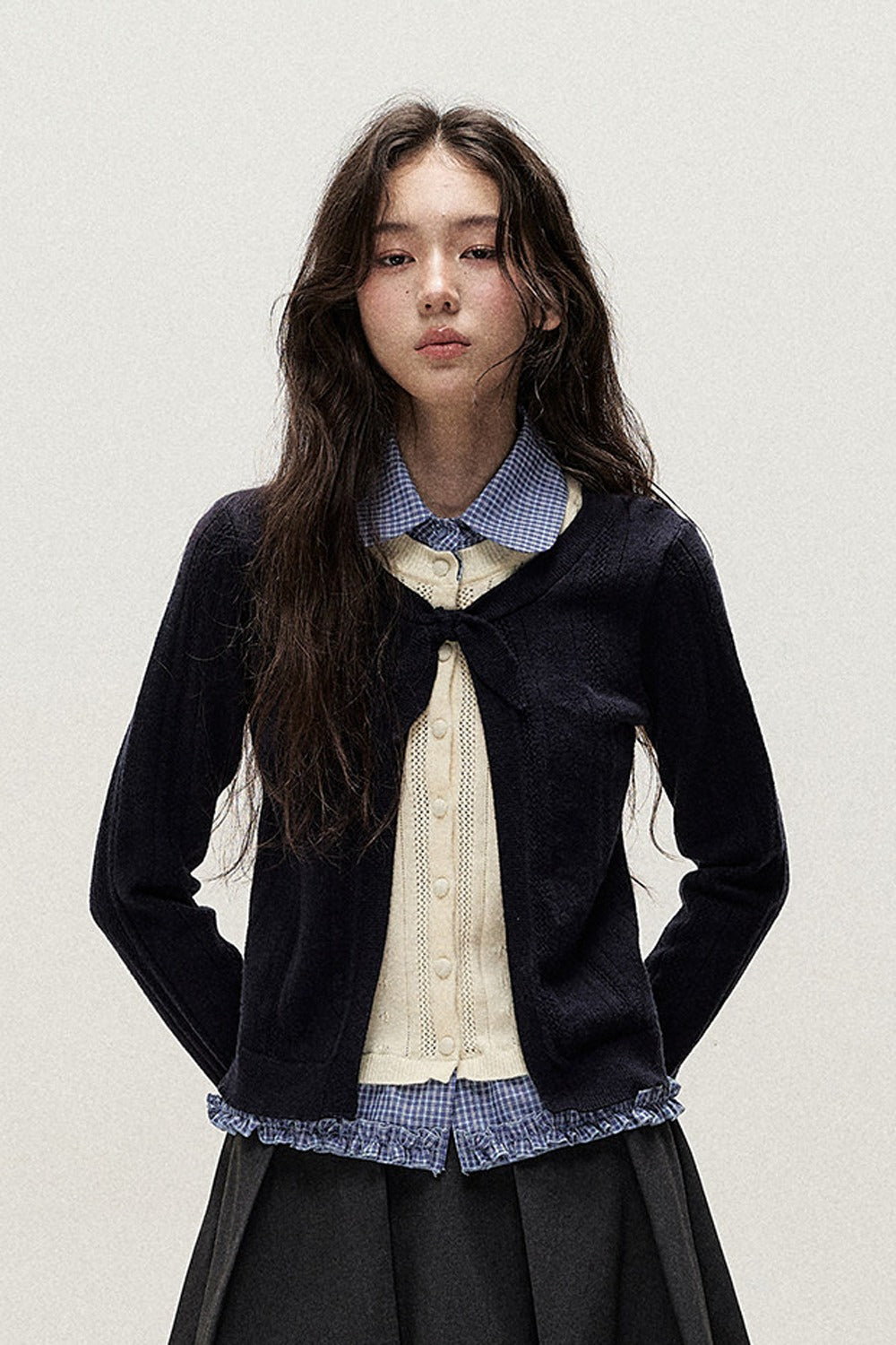 Plaid Collar Layered-Look Knit Top