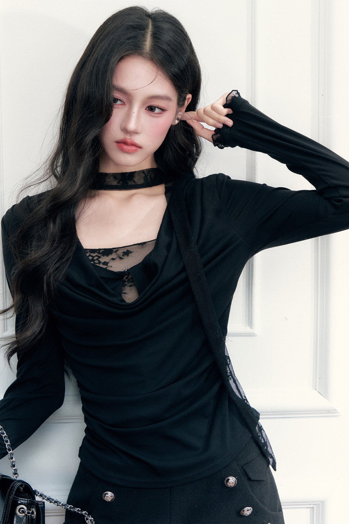 Lace Draped Neckline Long Sleeve Top