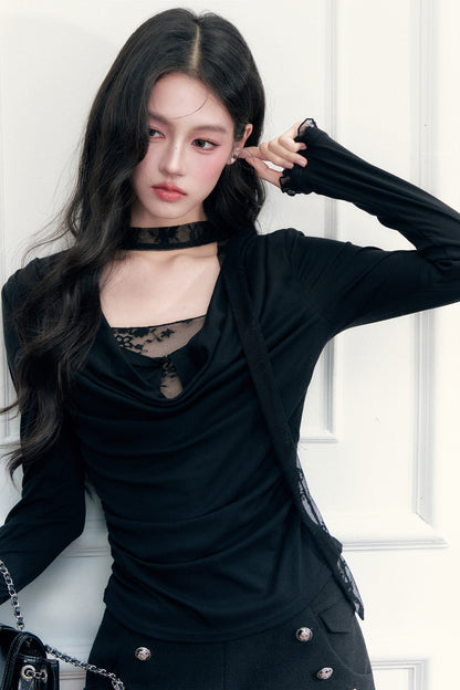 Lace Draped Neckline Long Sleeve Top
