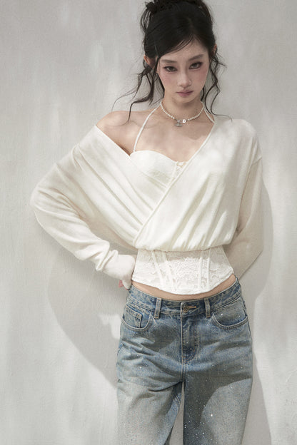 Wool Blend Layered-Look Fishbone Blouse