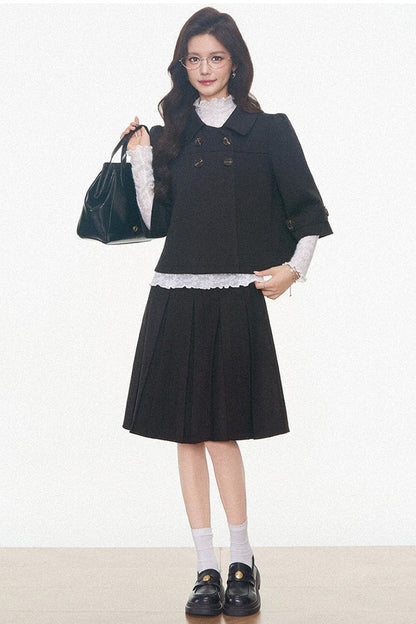 Double-Breasted Woolen Jacket With Midi Skirt and Pants Set-Up