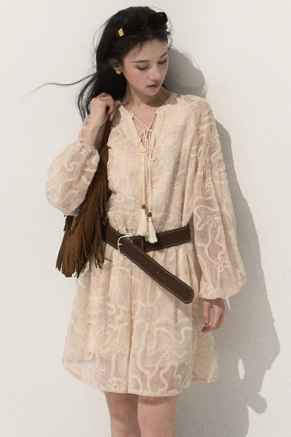 Long Sleeve Embroidered Jacquard Dress