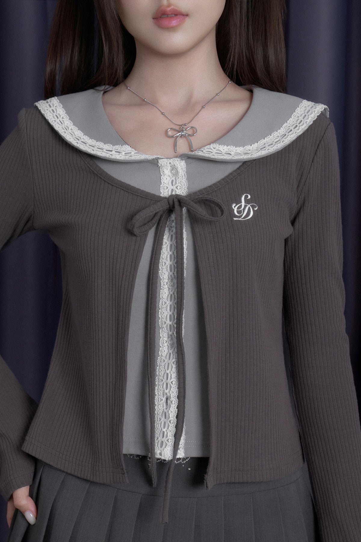 Gray Lace Sailor Collar Top and Skirt Set-Up