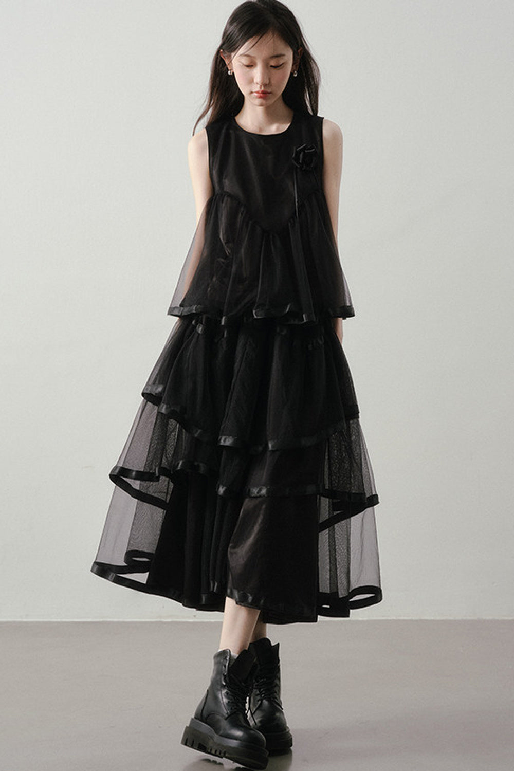 Black Mesh Layered-Look Two-Piece Set