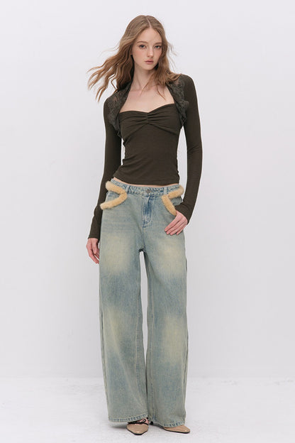 Fur Patch Wide-Leg Jeans