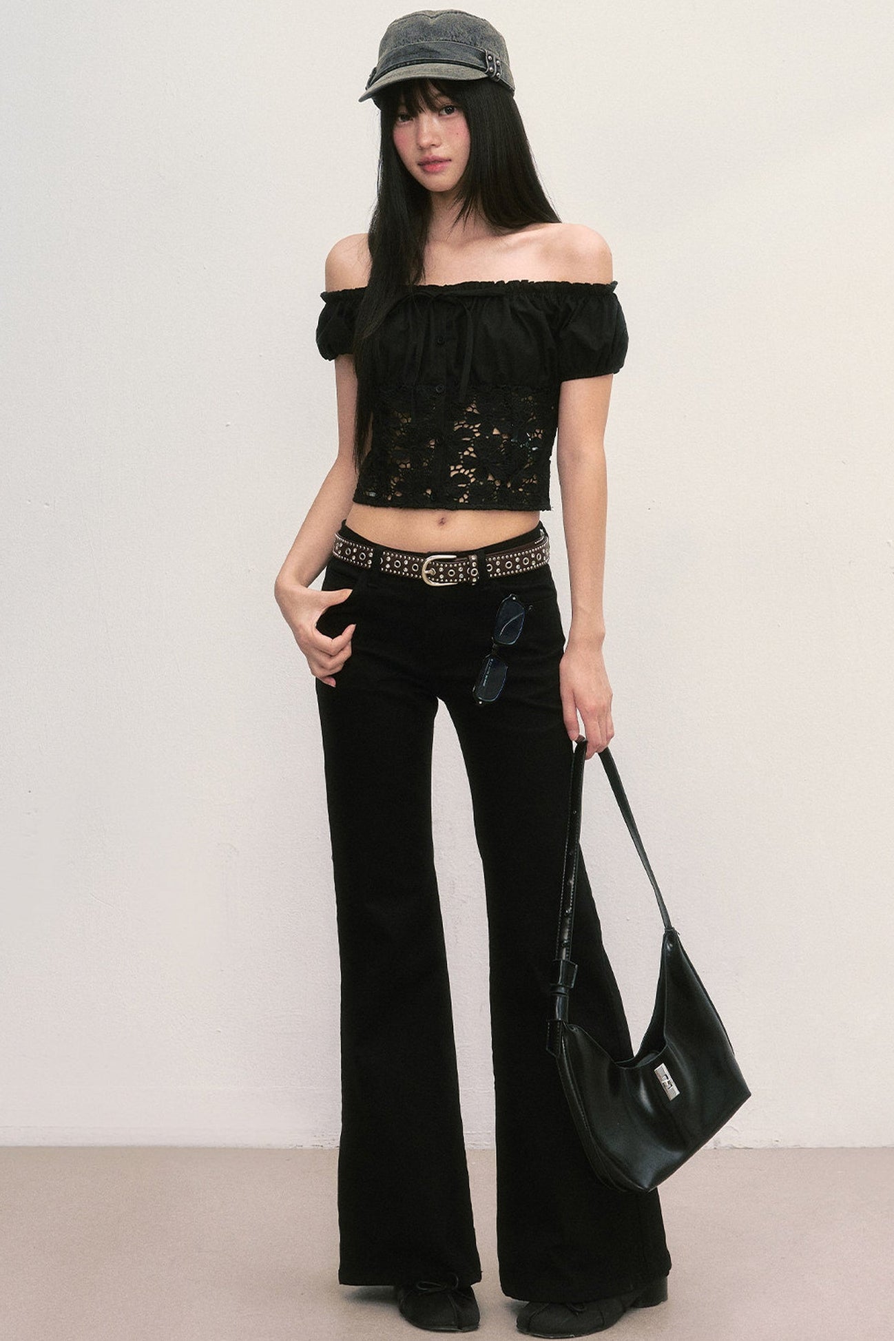 Off-Shoulder Lace Cutout Puff Sleeve Crop Top