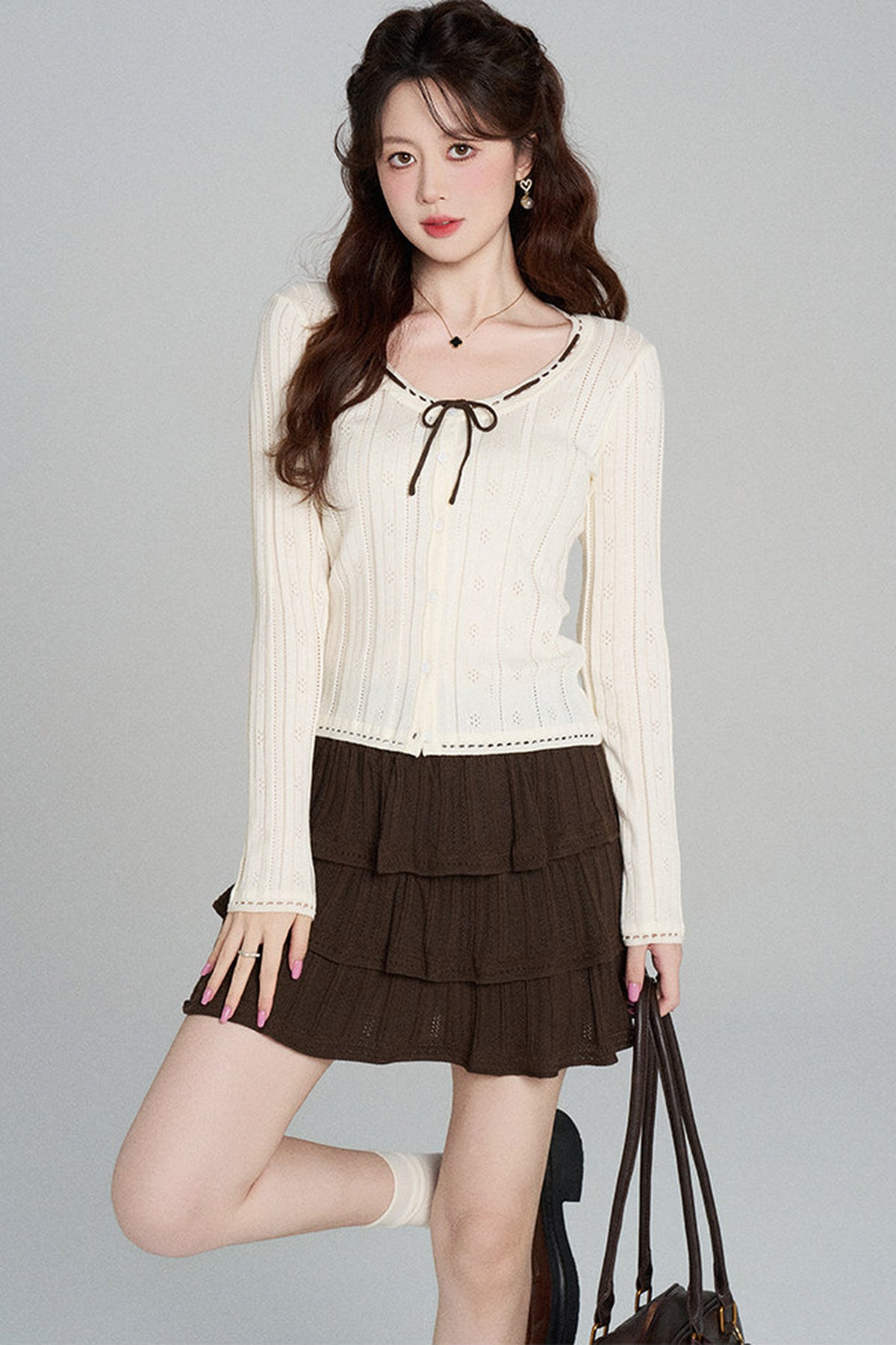 Hollow-Out Knit Cardigan and Skirt Set-Up