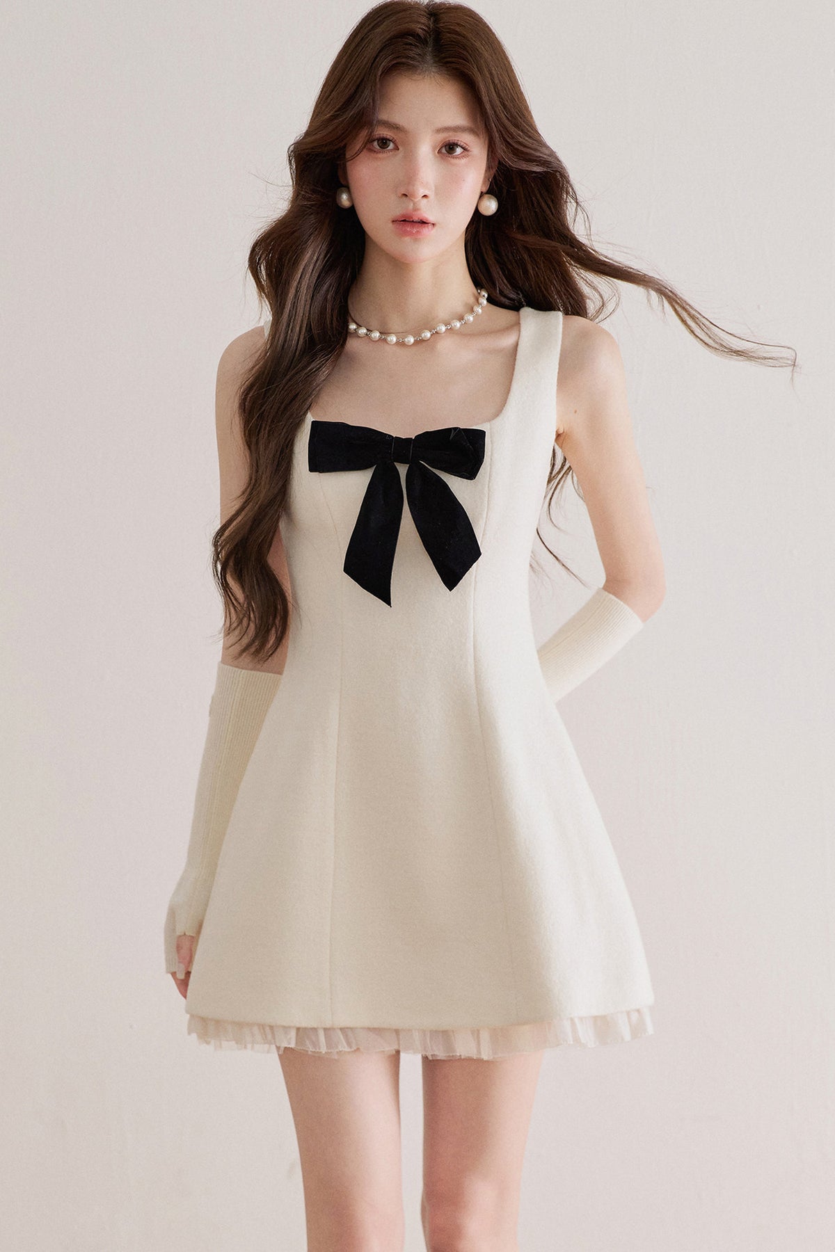 Bow Waist Mesh Wool Dress