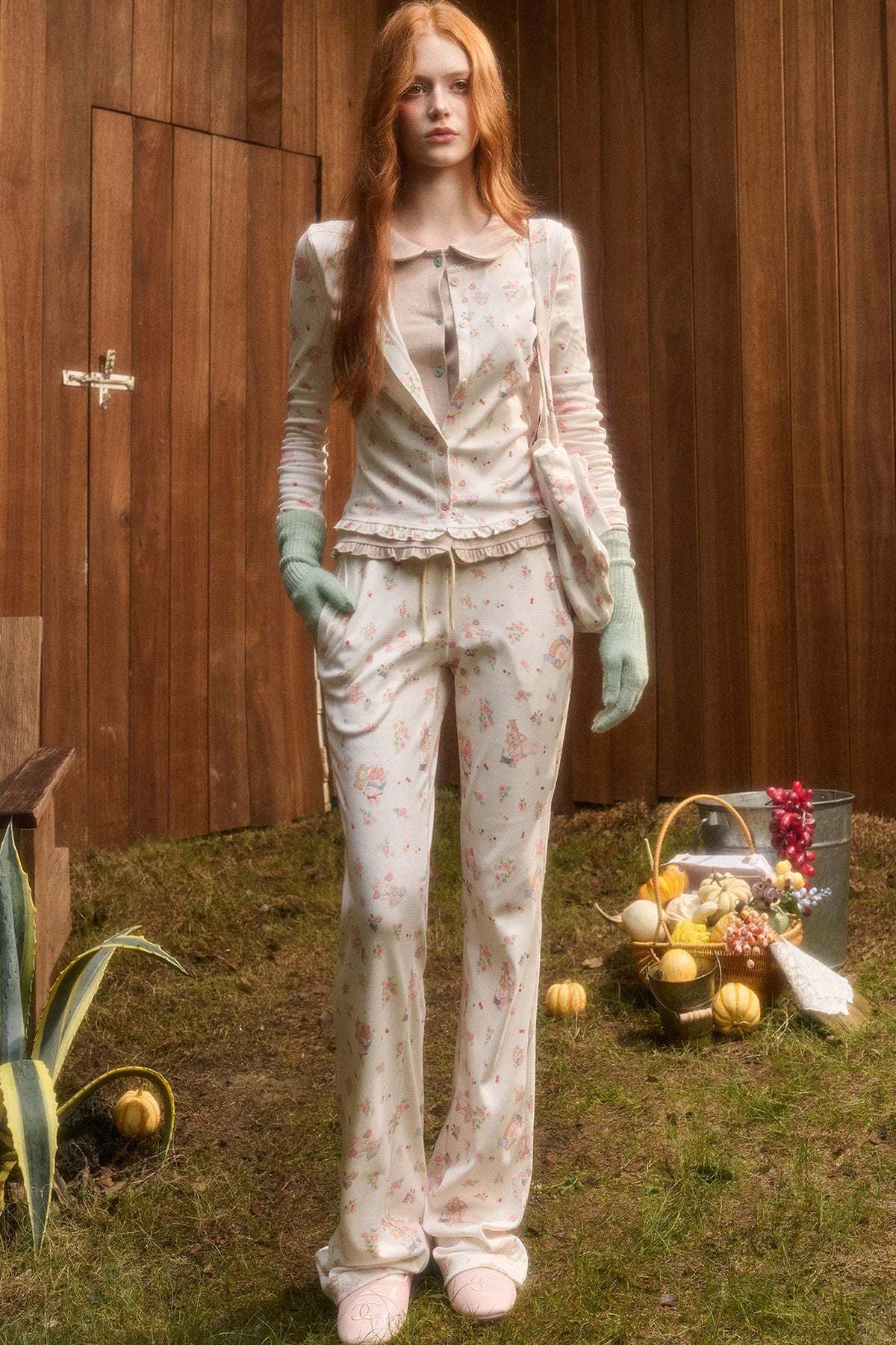 Layered-Look Floral Bunny Cardigan and Pants Set-Up