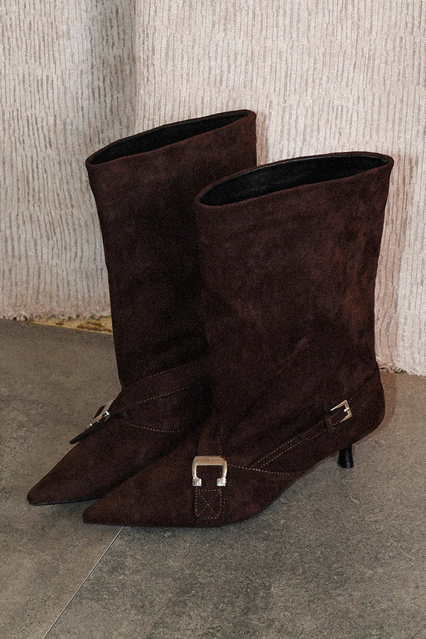 Suede Wide-Calf Stiletto Heel Belt Buckle Boots