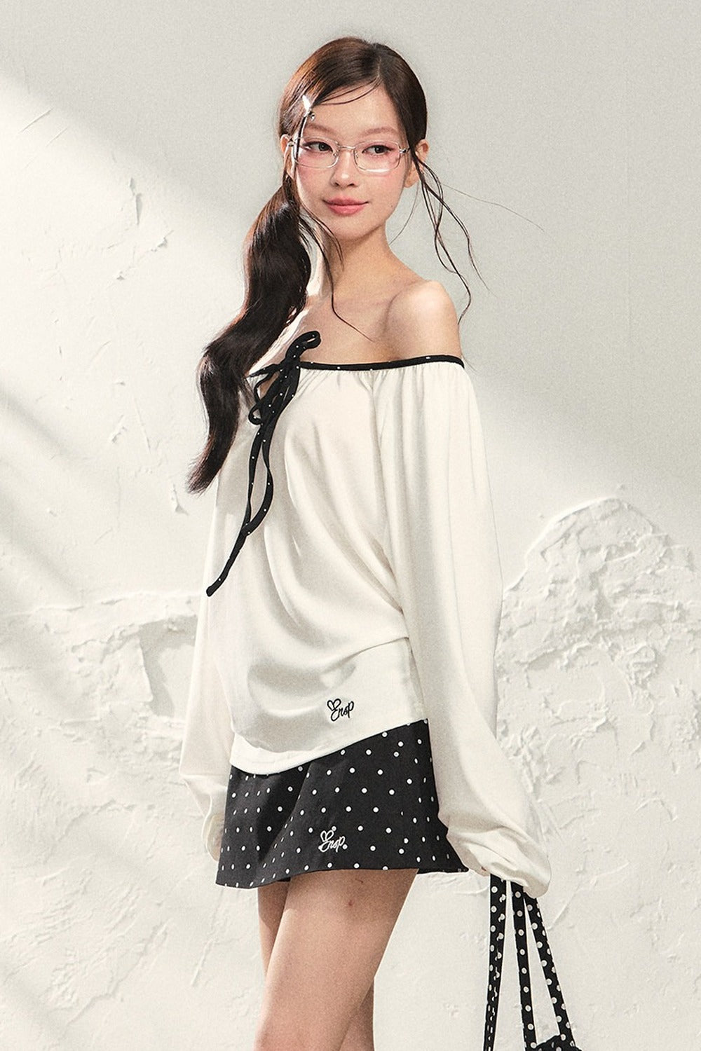 White Off-Shoulder Long Sleeve Top and Polka Skirt Set-Up