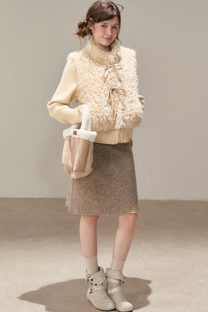 Patchwork Lamb Wool Bowknot Jacket