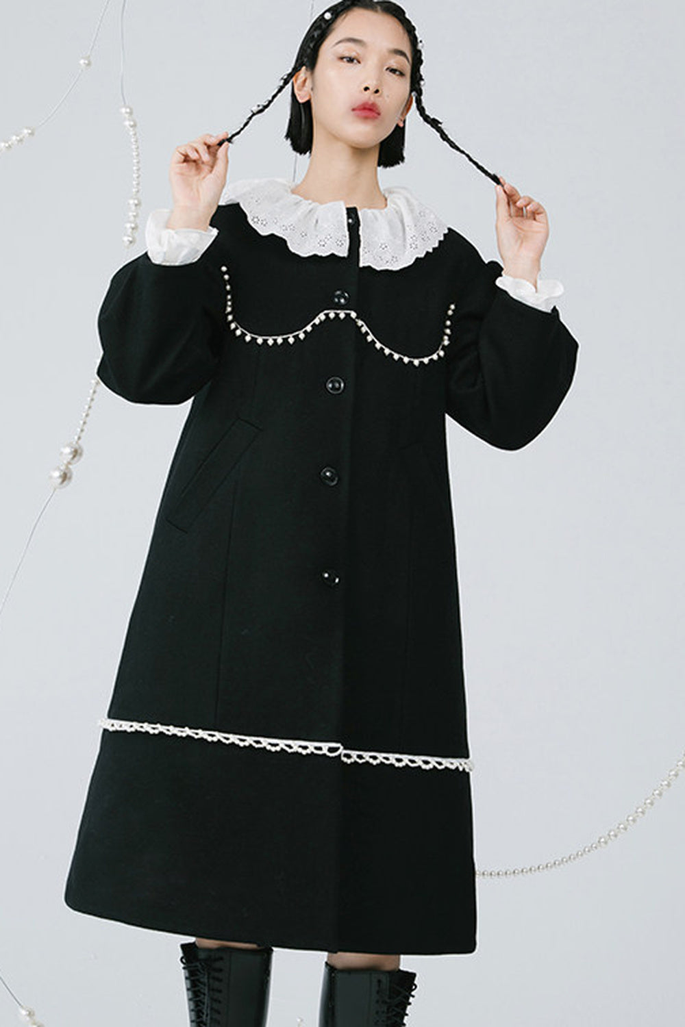Black Pearl Lace Wool Coat