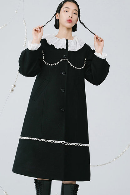 Black Pearl Lace Wool Coat
