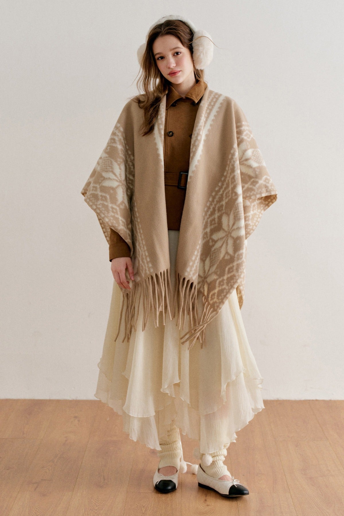 Khaki Fair Isle Jacquard Long Tassel Cape