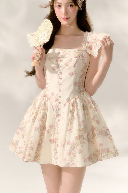 Floral Flutter Sleeve Puffy Dress