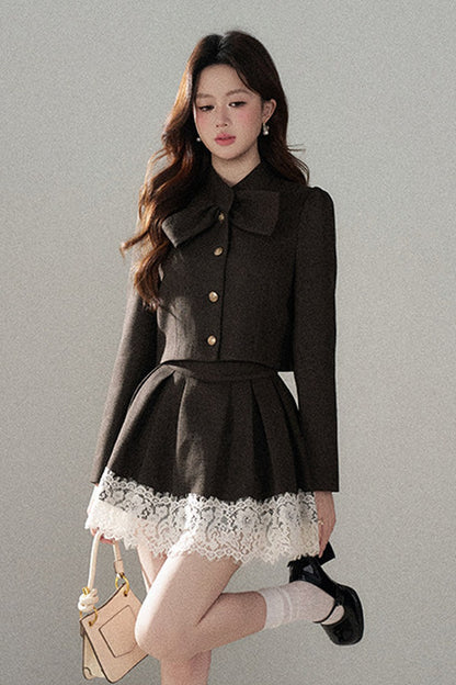 Coffee Lace Splicing Jacket and Skirt Set-Up