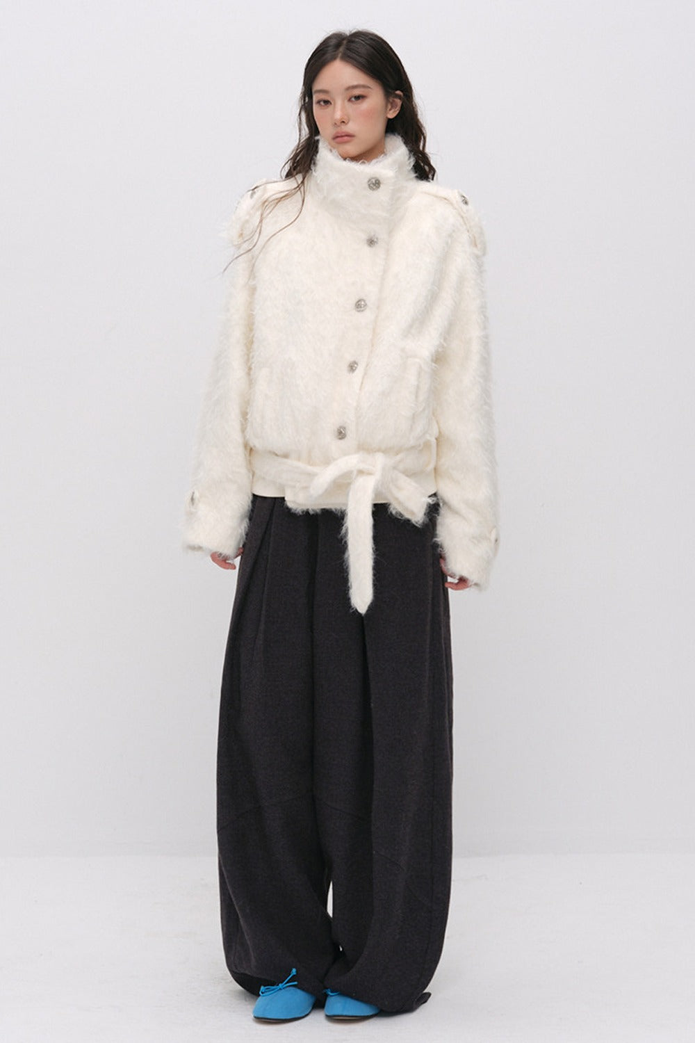 Faux Fur Diagonal Placket Tie Waist Jacket