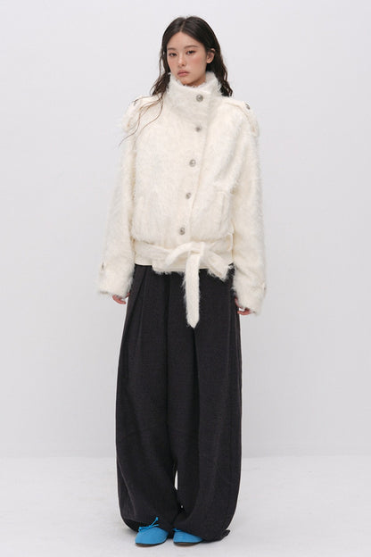 Faux Fur Diagonal Placket Tie Waist Jacket